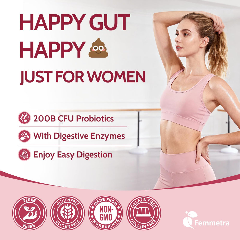 Femmetra digestive enzyme complex closeup suggests gentle digestion support.