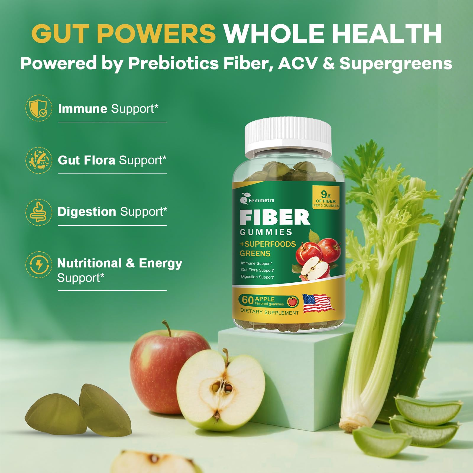 Femmetra greens blend close-up featuring spirulina and kale for natural vitality.