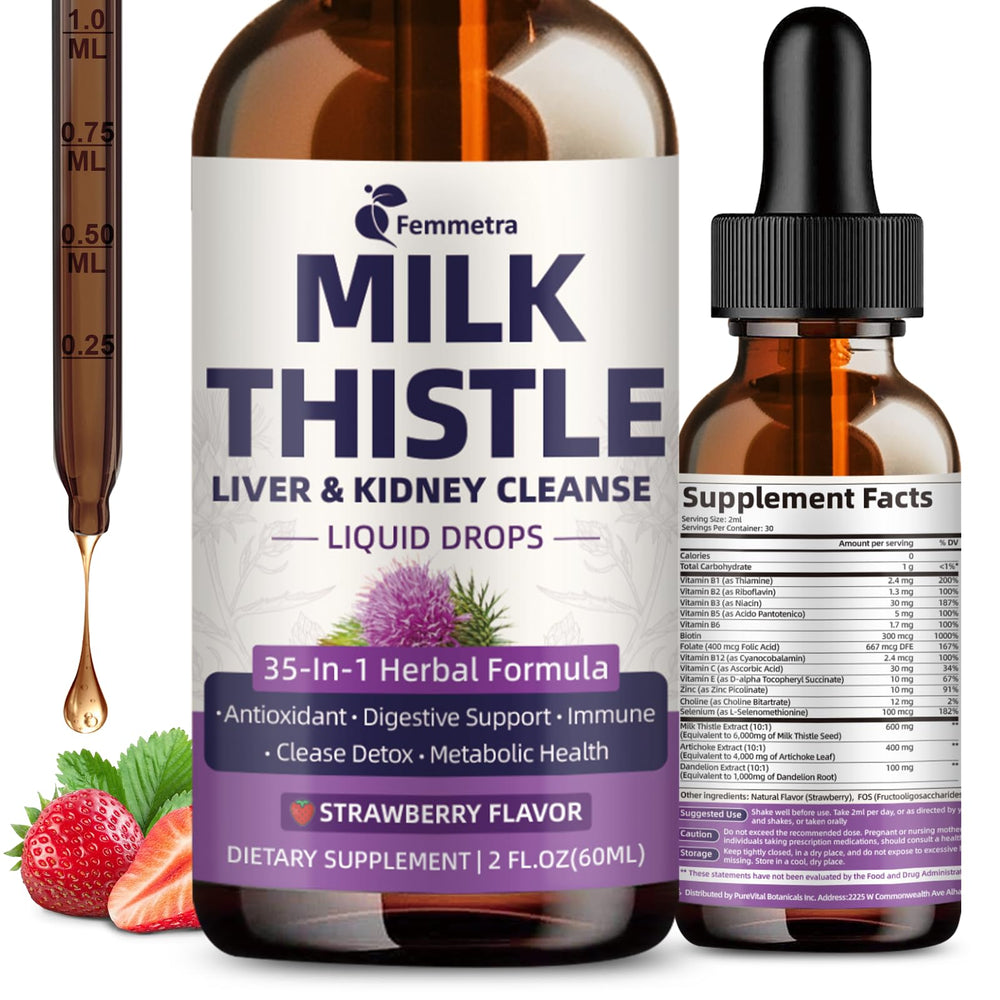 Femmetra Milk Thistle Drops bottle for daily liver and kidney support.