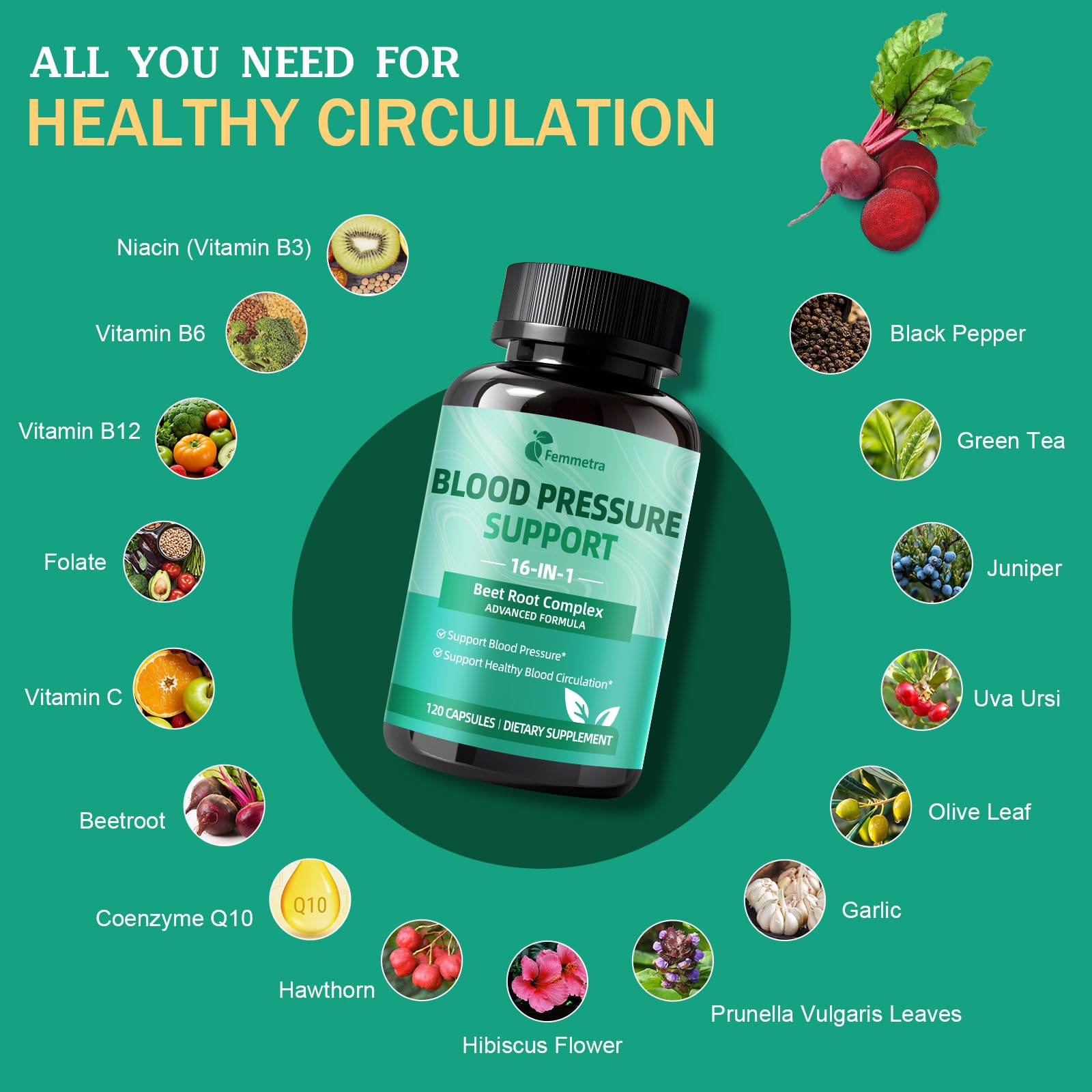 Femmetra nitric oxide support capsules shown for potential healthy blood flow.