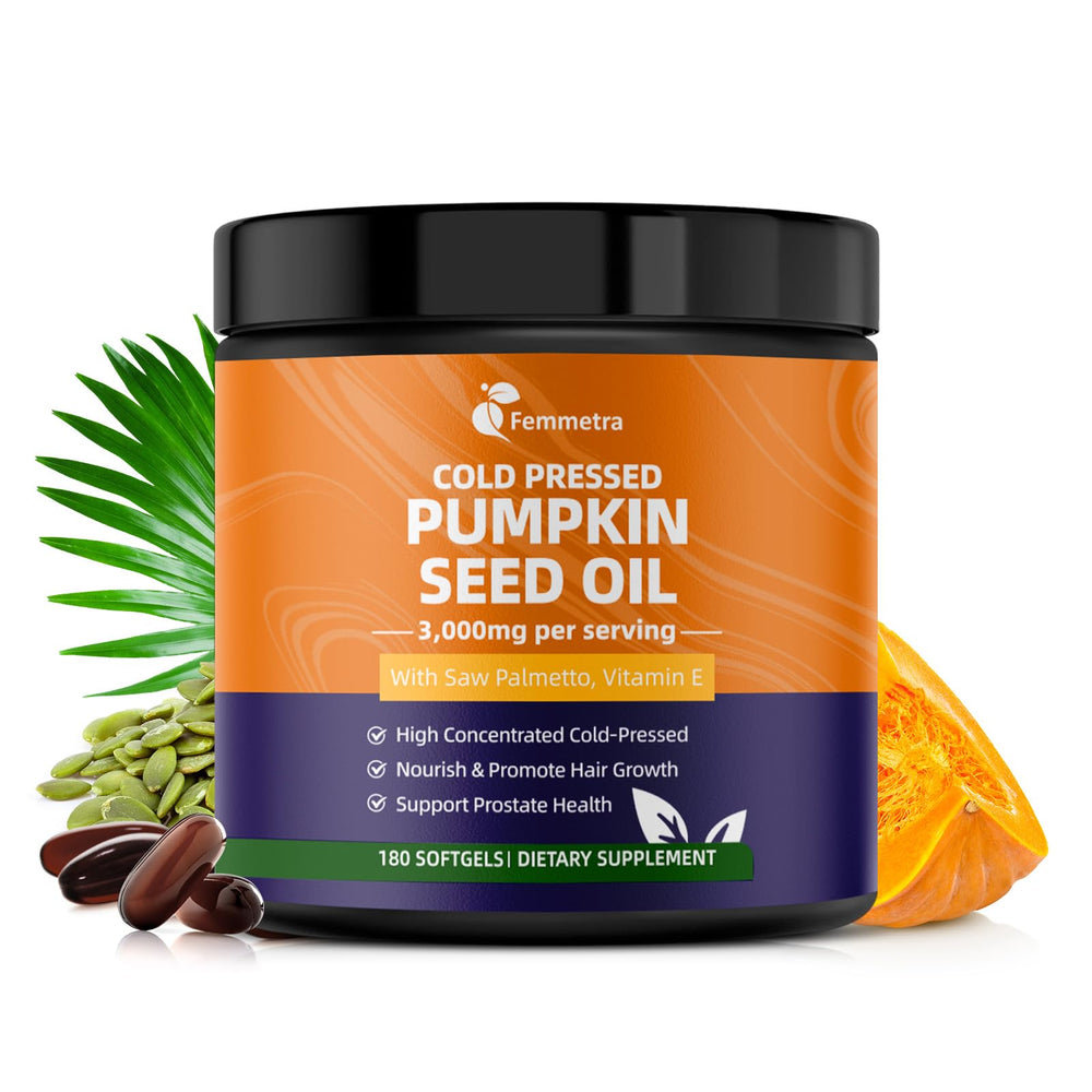 Femmetra pumpkin seed oil capsules bottle for daily hair and prostate support