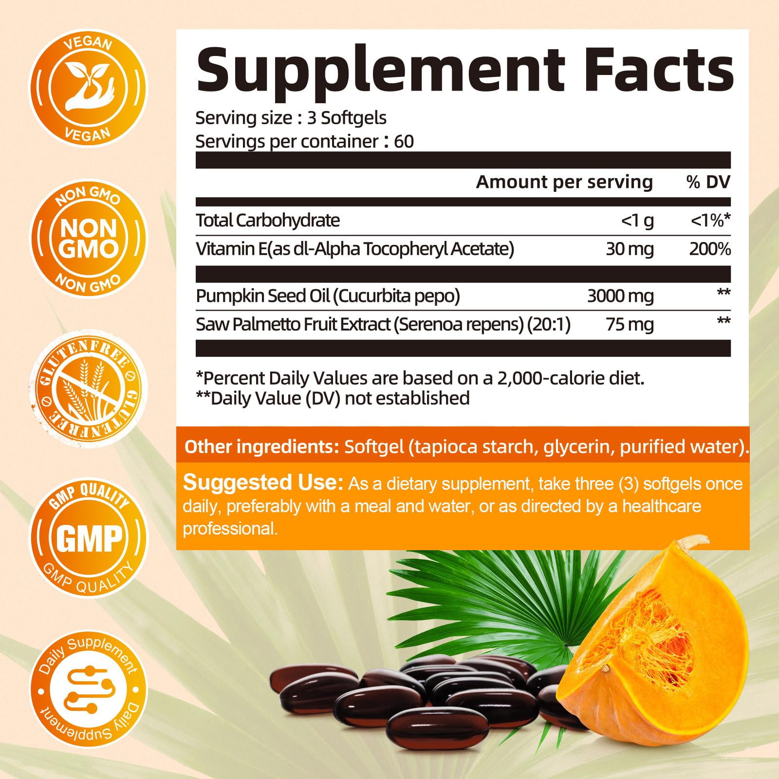 Close-up of Femmetra saw palmetto fruit extract capsules