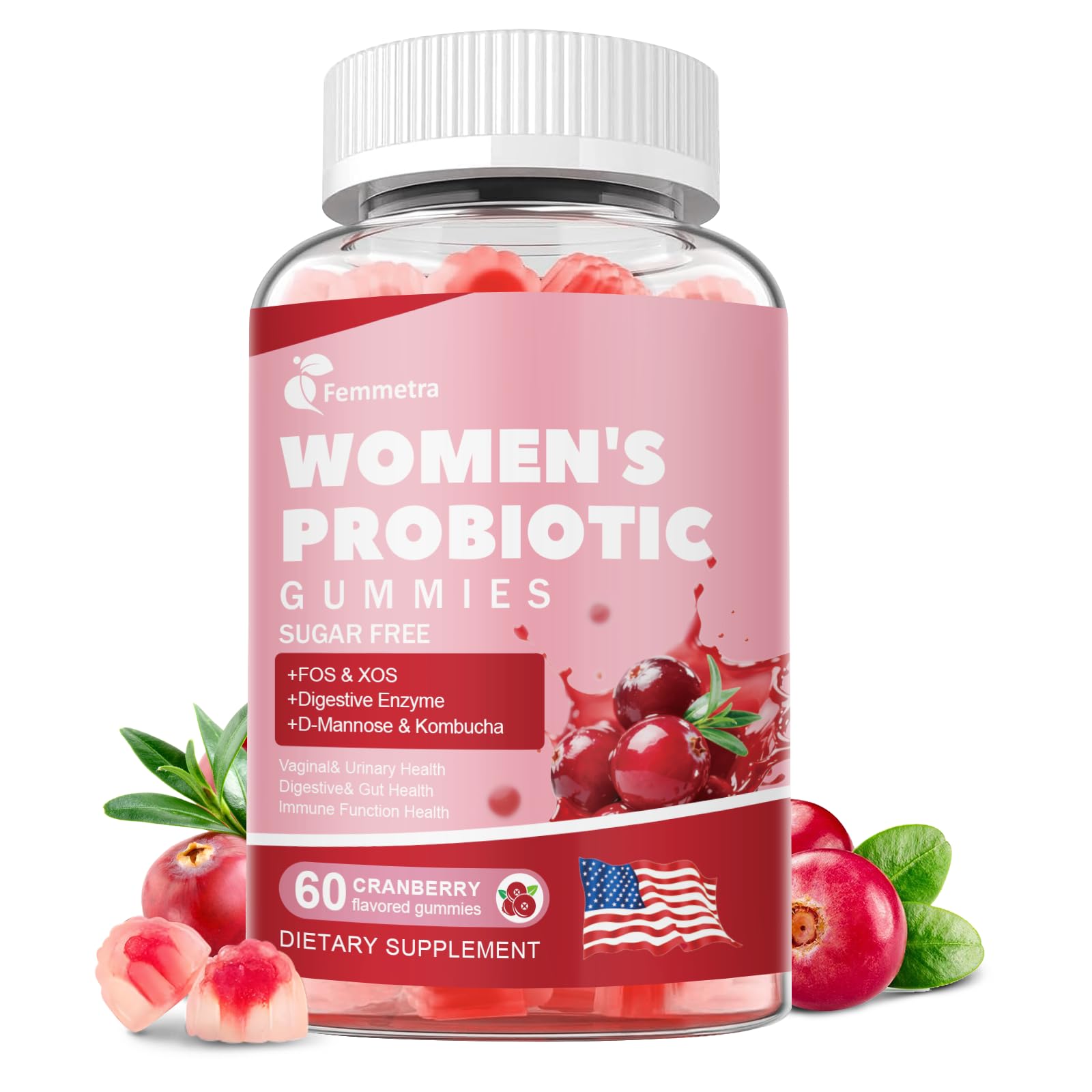 Femmetra vaginal probiotics gummies bottle front supports daily balance.