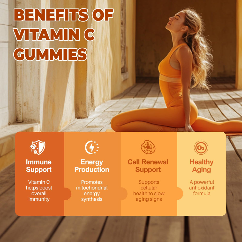 Femmetra vitamin C gummies NAD+ and COQ10 imagery suggesting energy support.