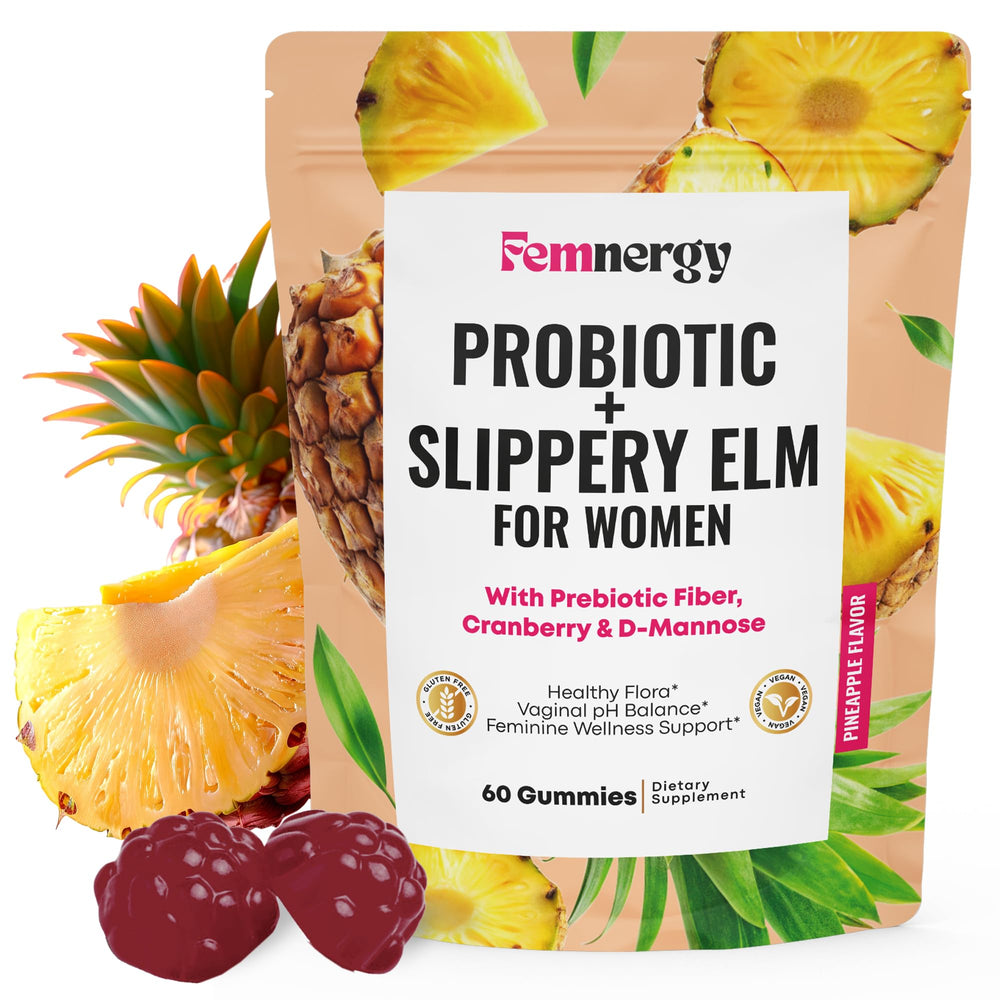 Femnergy feminine probiotics slippery elm gummies bottle promotes daily feminine wellness and balanced microbiome.