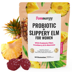 Femnergy feminine probiotics slippery elm gummies bottle promotes daily feminine wellness and balanced microbiome.