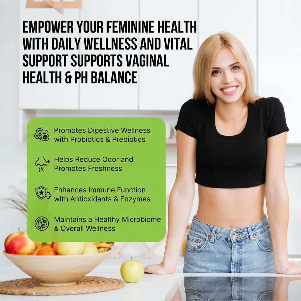 Femnergy ingredients panel shows probiotic and slippery elm blend for wellness support.