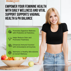 Femnergy ingredients panel shows probiotic and slippery elm blend for wellness support.