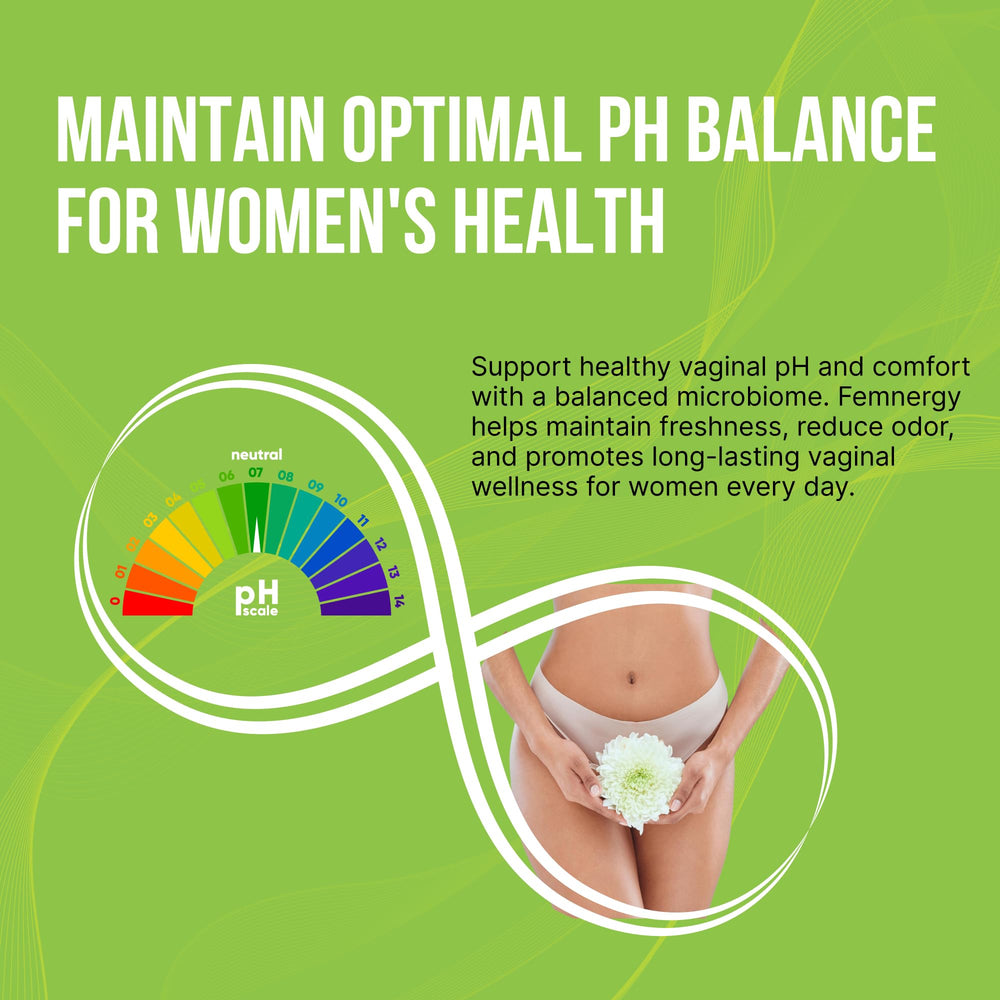 Femnergy packaging back illustration features GMP quality and vegan gluten-free promise.