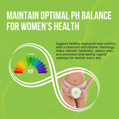 Femnergy packaging back illustration features GMP quality and vegan gluten-free promise.