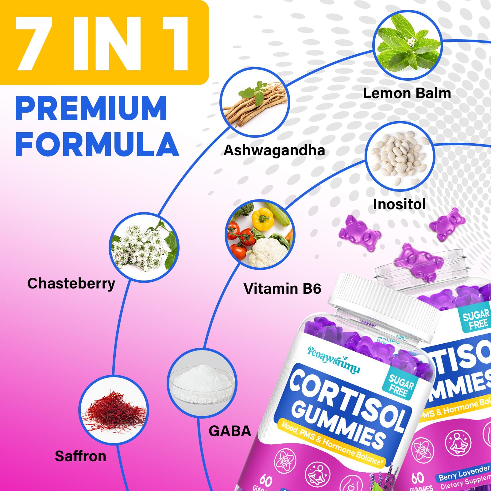 Feoawsnmu Cortisol Gummies label emphasizes an 8-in-1 cortisol support blend for women.