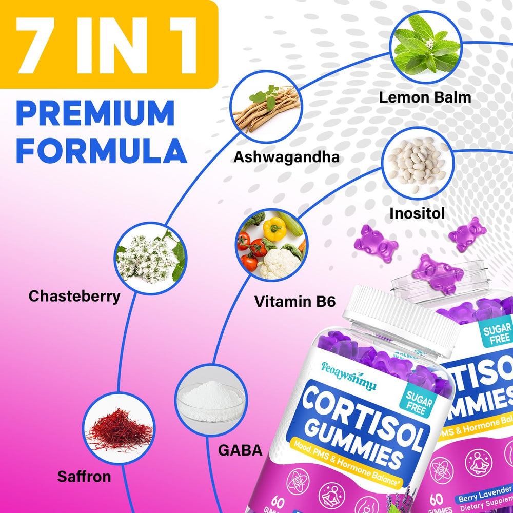 Feoawsnmu Cortisol Gummies label emphasizes an 8-in-1 cortisol support blend for women.