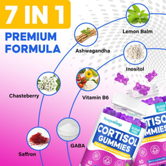 Feoawsnmu Cortisol Gummies label emphasizes an 8-in-1 cortisol support blend for women.