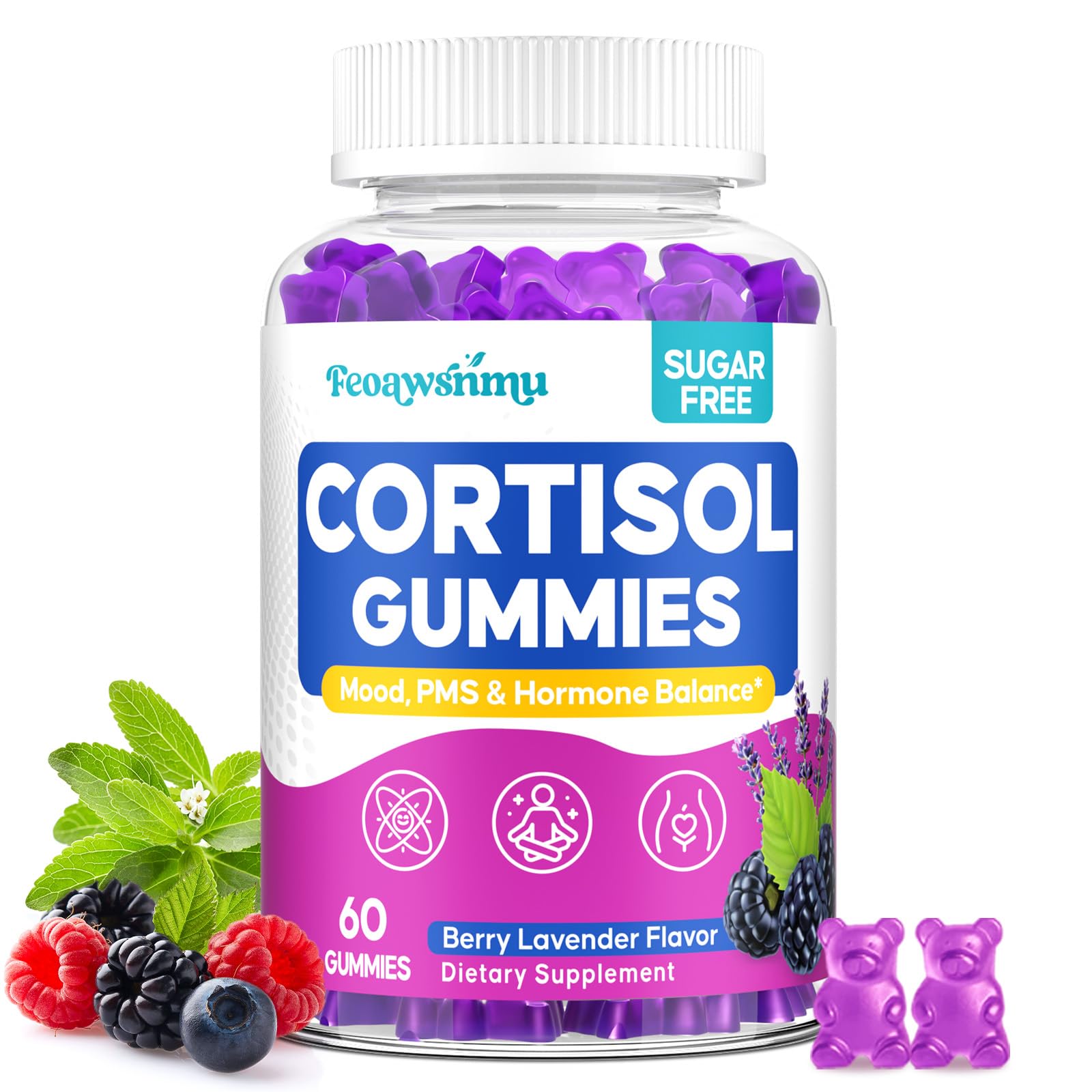 Feoawsnmu Cortisol Gummies packaging highlights vegan, sugar-free formula for daily balance.