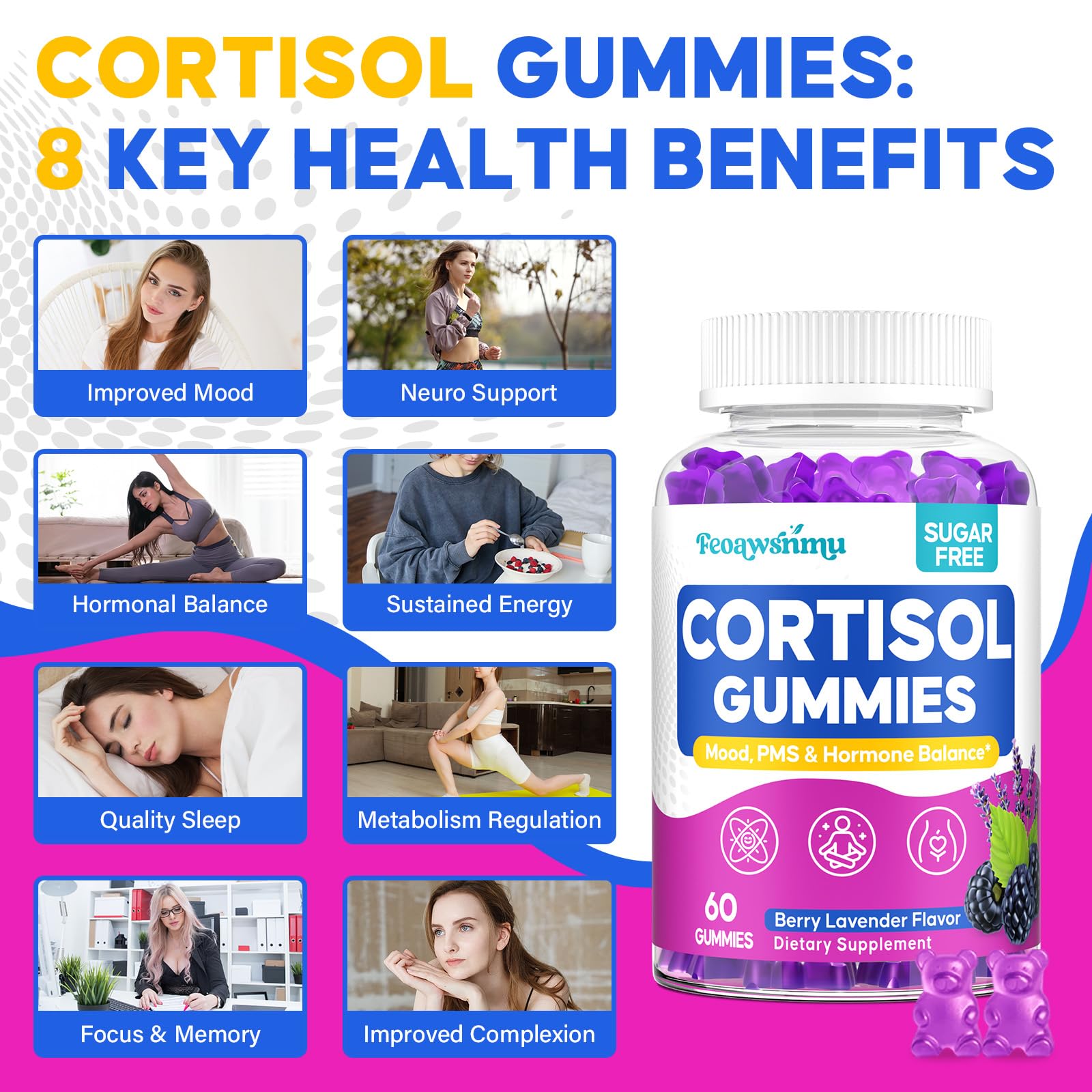 Feoawsnmu Cortisol Gummies pour ready for on-the-go consumption during a busy day.