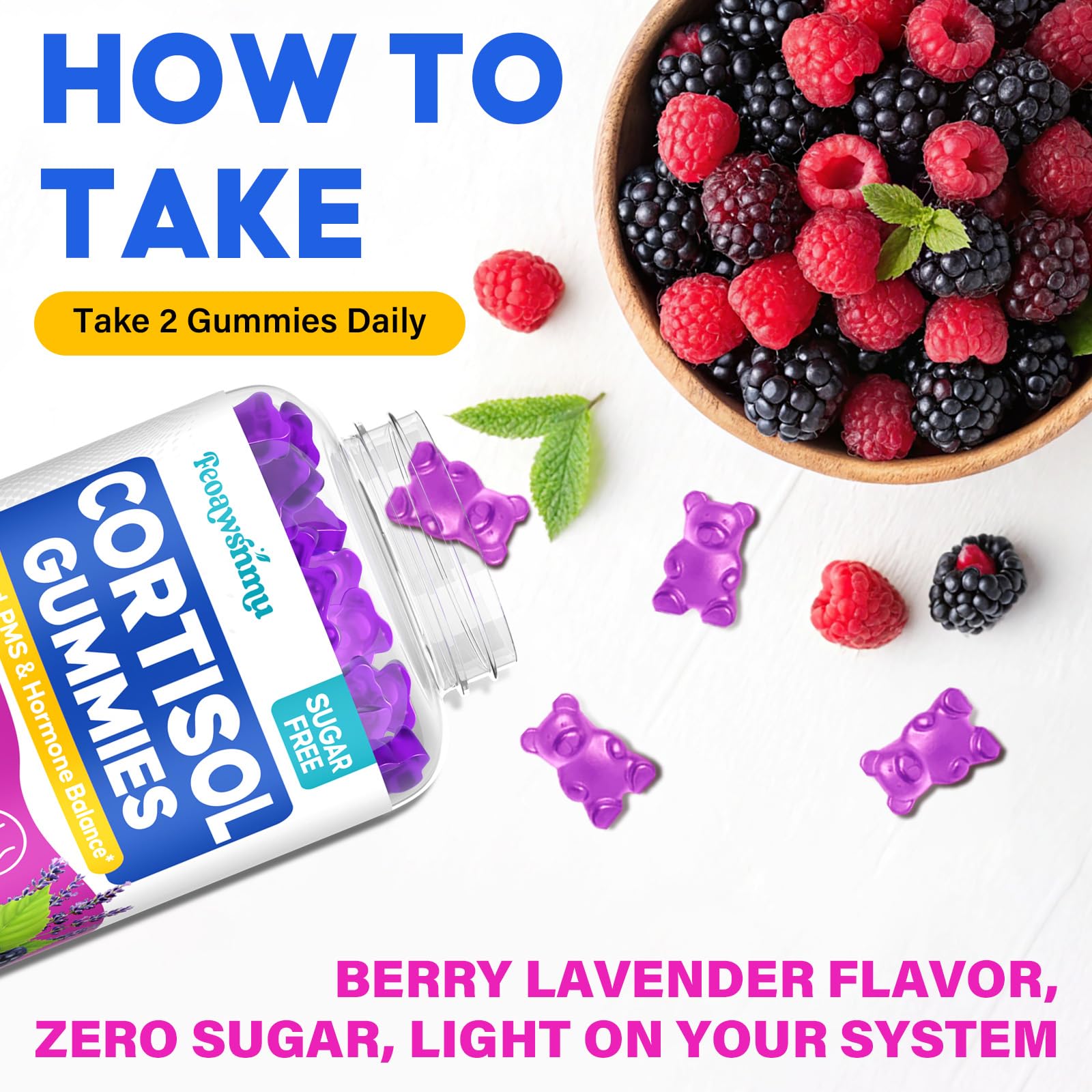 Feoawsnmu Cortisol Gummies vegan icon signals allergen-friendly, plant-based choice.