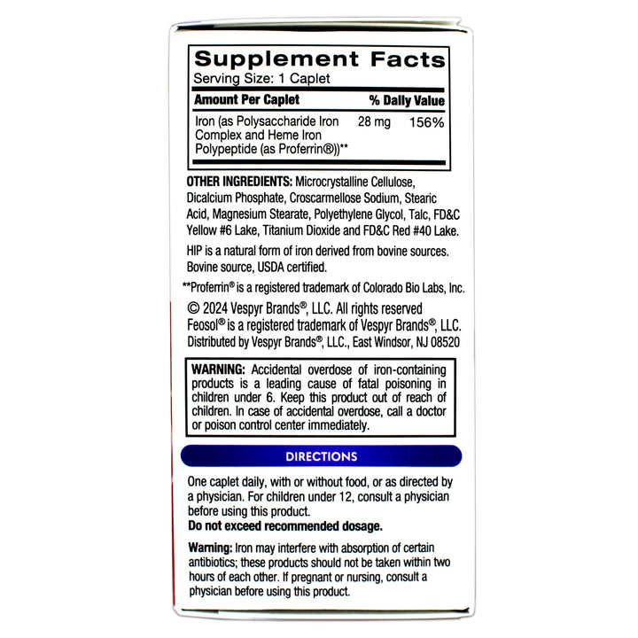 Feosol Bifera iron caplets tablet closeup shows small, easy-to-take dose.