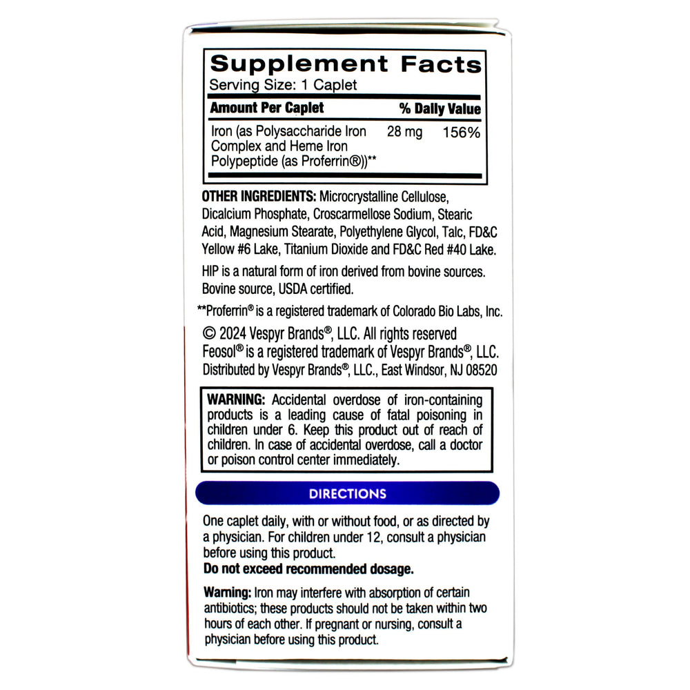 Feosol Bifera iron caplets tablet closeup shows small, easy-to-take dose.