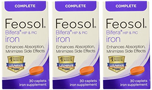Feosol Complete with Bifera Iron bottle label close-up featuring 30 caplets.