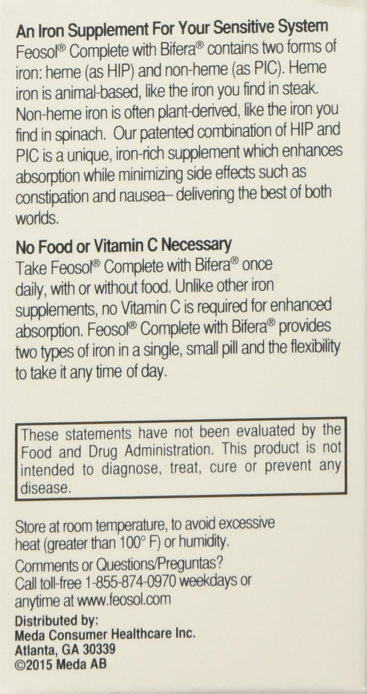 Feosol Complete with Bifera Iron bottle label highlighting ingredients.
