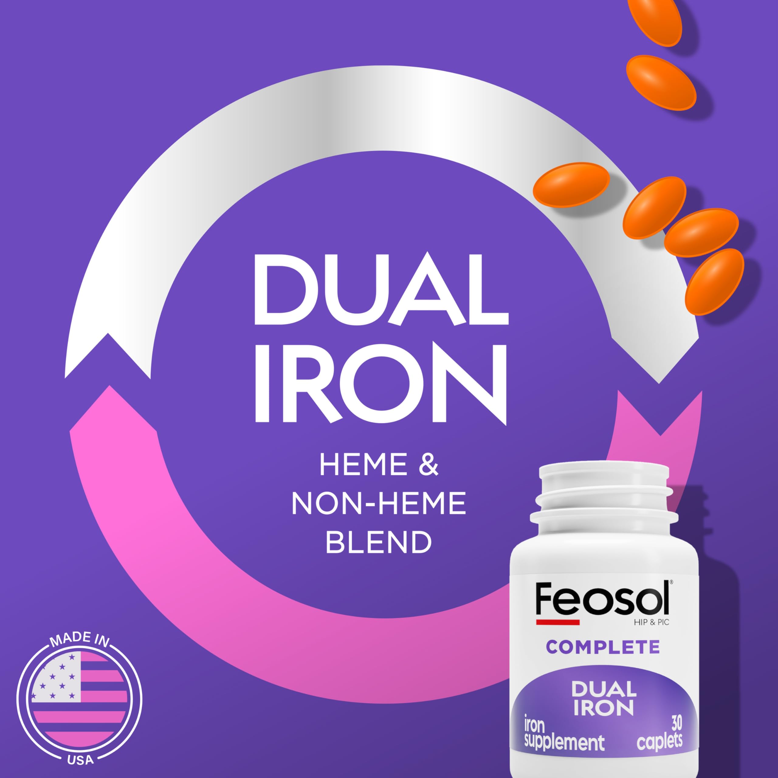 Feosol Complete caplet close-up with absorption diagram for better uptake