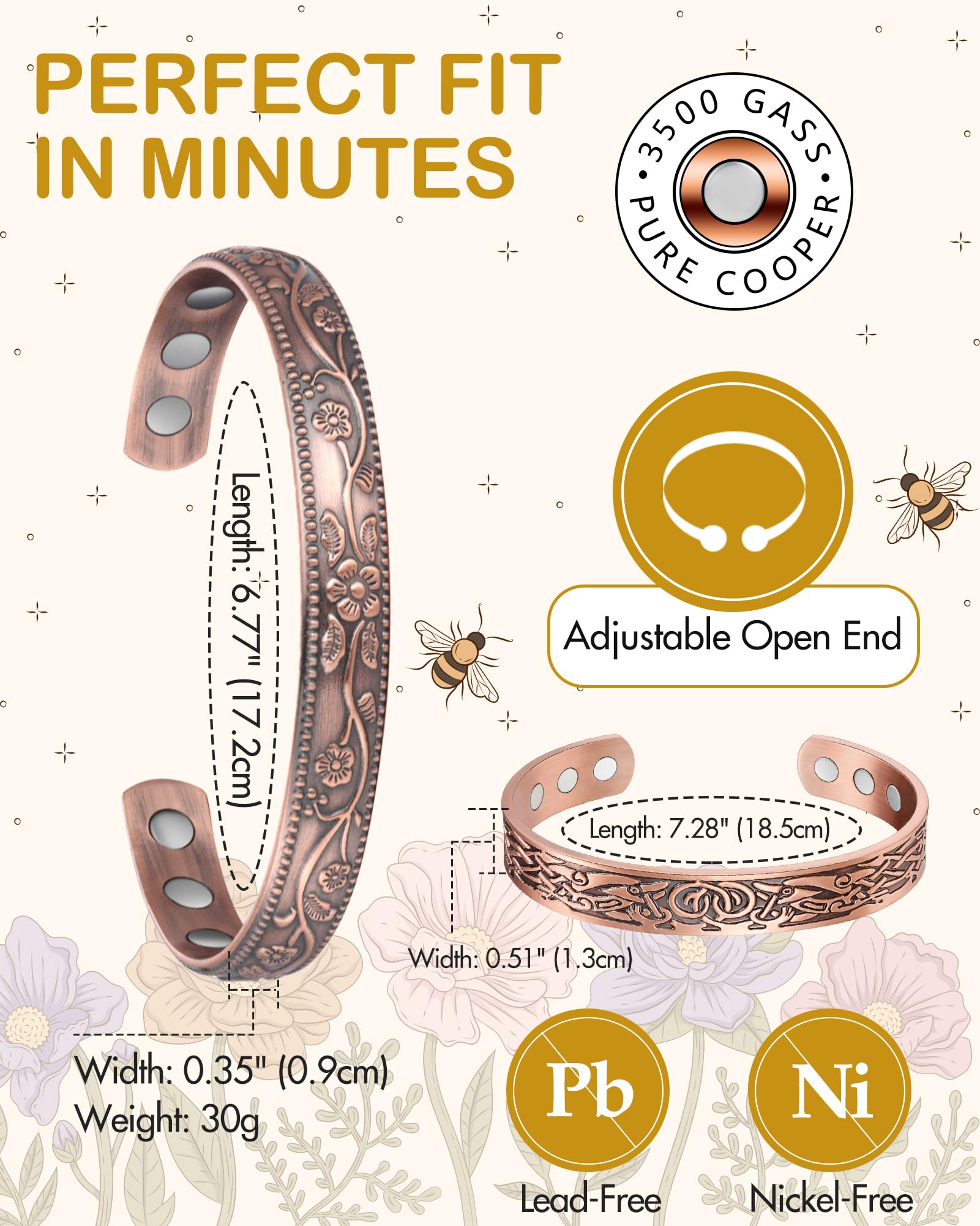 Feraco 11X magnetic copper bracelet texture close-up highlighting oxidation-free finish