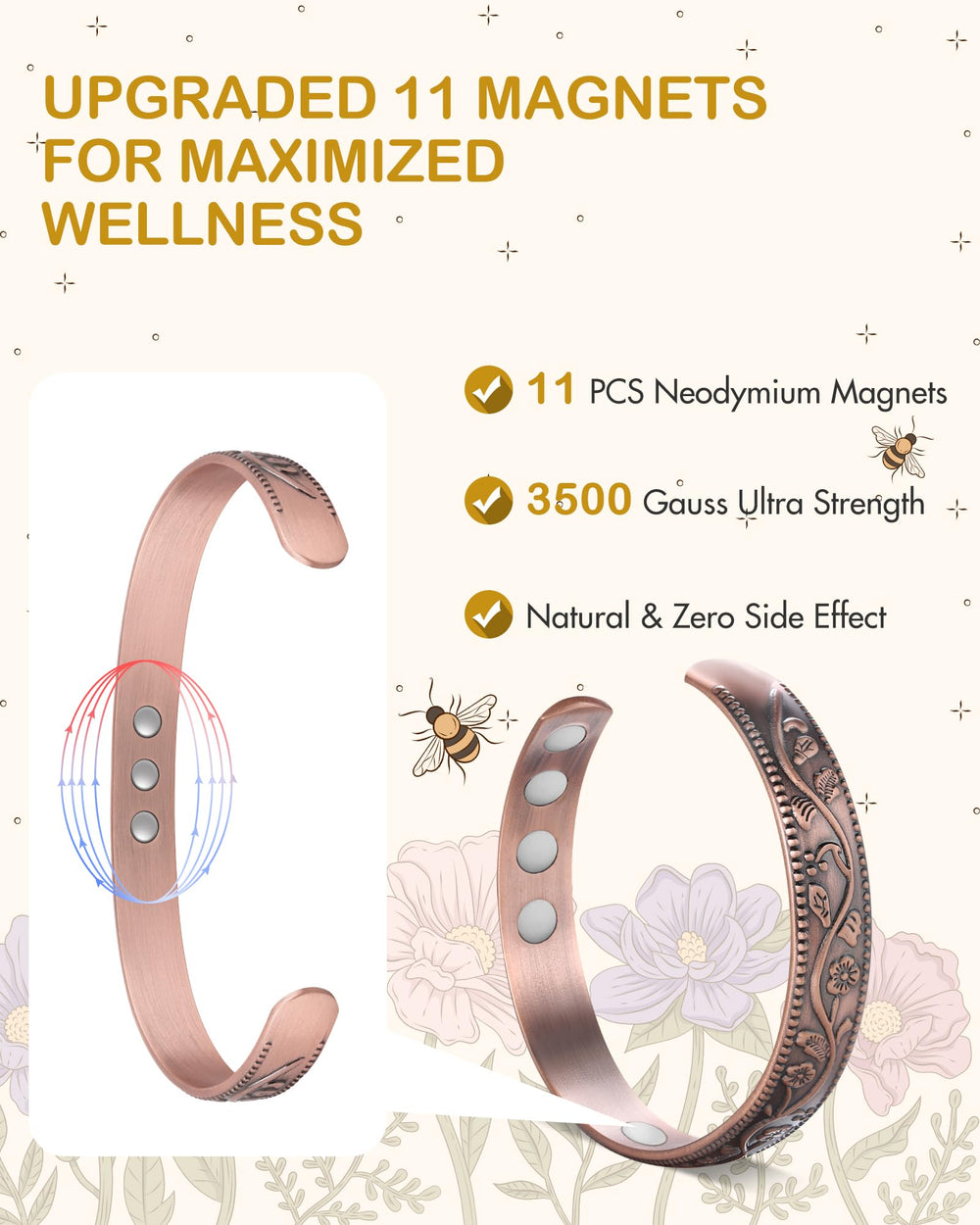 Feraco 11X magnetic copper bracelet worn on wrist with a watch for everyday style