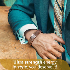 Feraco 12X Strength Wide Copper Bracelet side view, adjustable fit for most wrists.