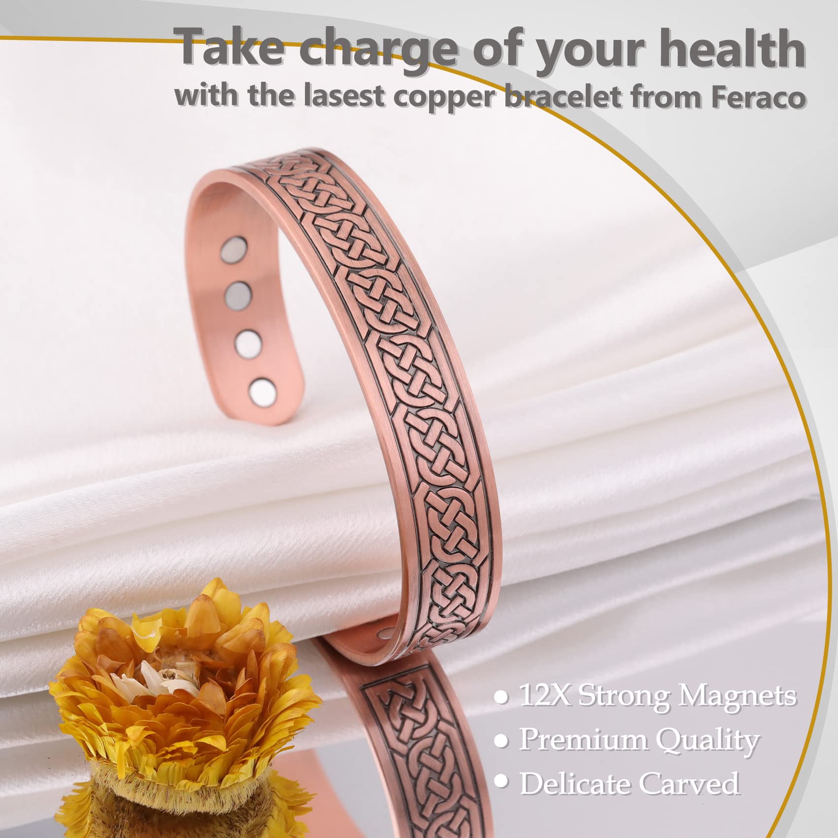 Feraco 12X Strength Wide Copper Bracelet stacked with other accessories for personal style.