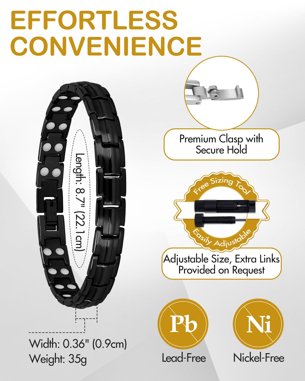 Feraco 2X Strength Magnetic Bracelet for Women uses sizing tool for fast wrist adjustment.