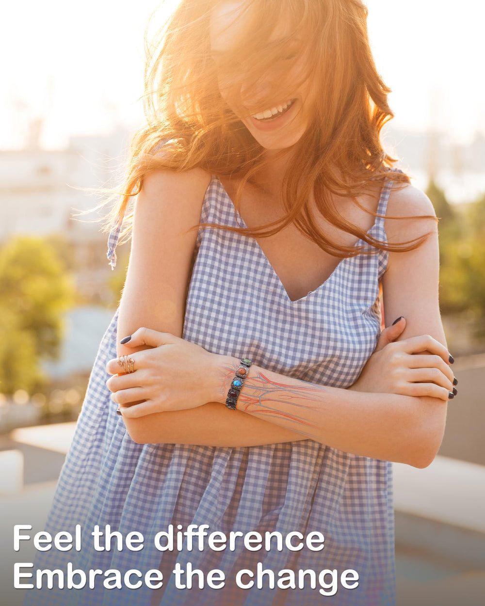 Feraco 3800 gauss magnets visible in bracelet for subtle wellness accent.