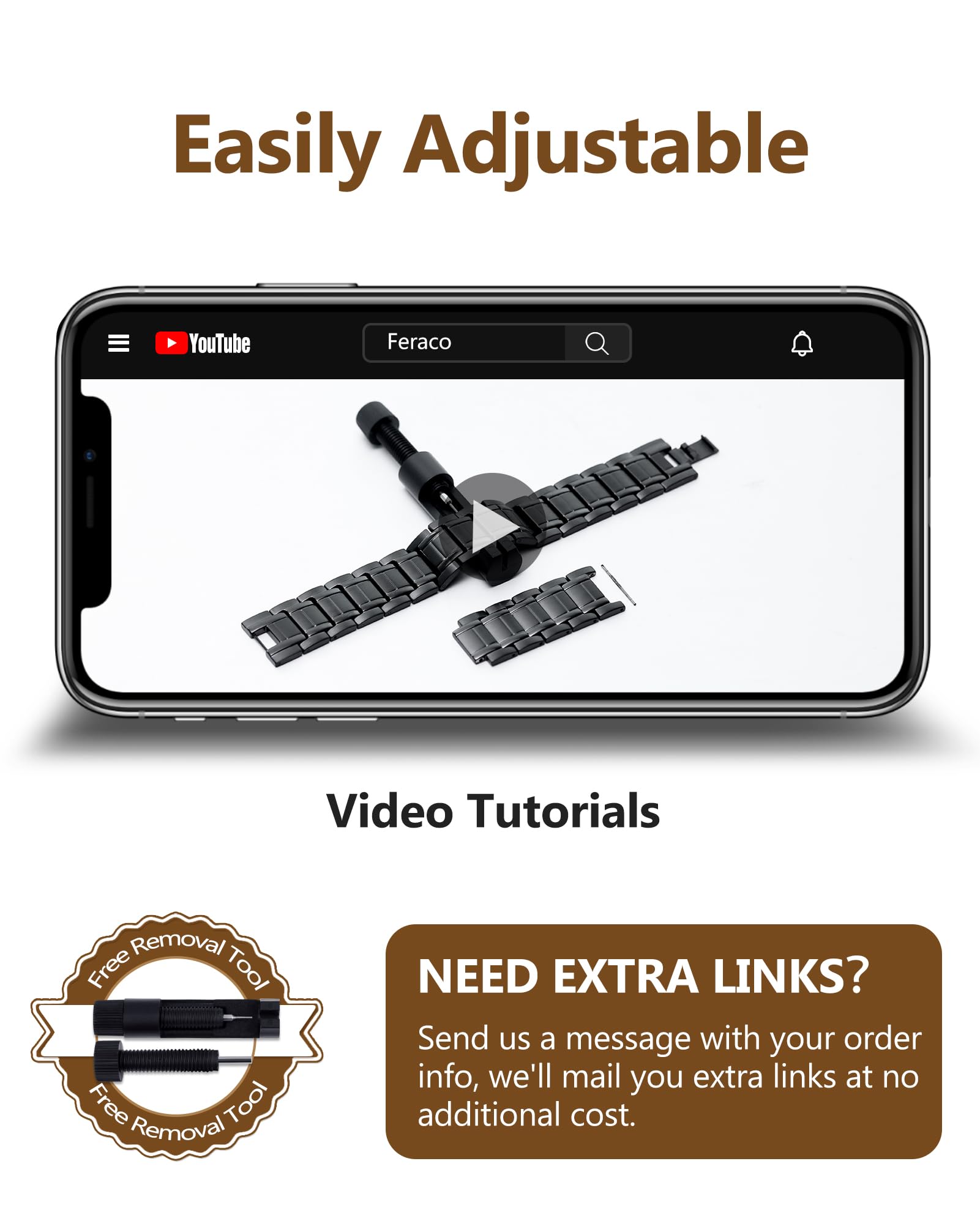 Open-end adjustability feature on the Feraco magnetic bracelet for a perfect fit