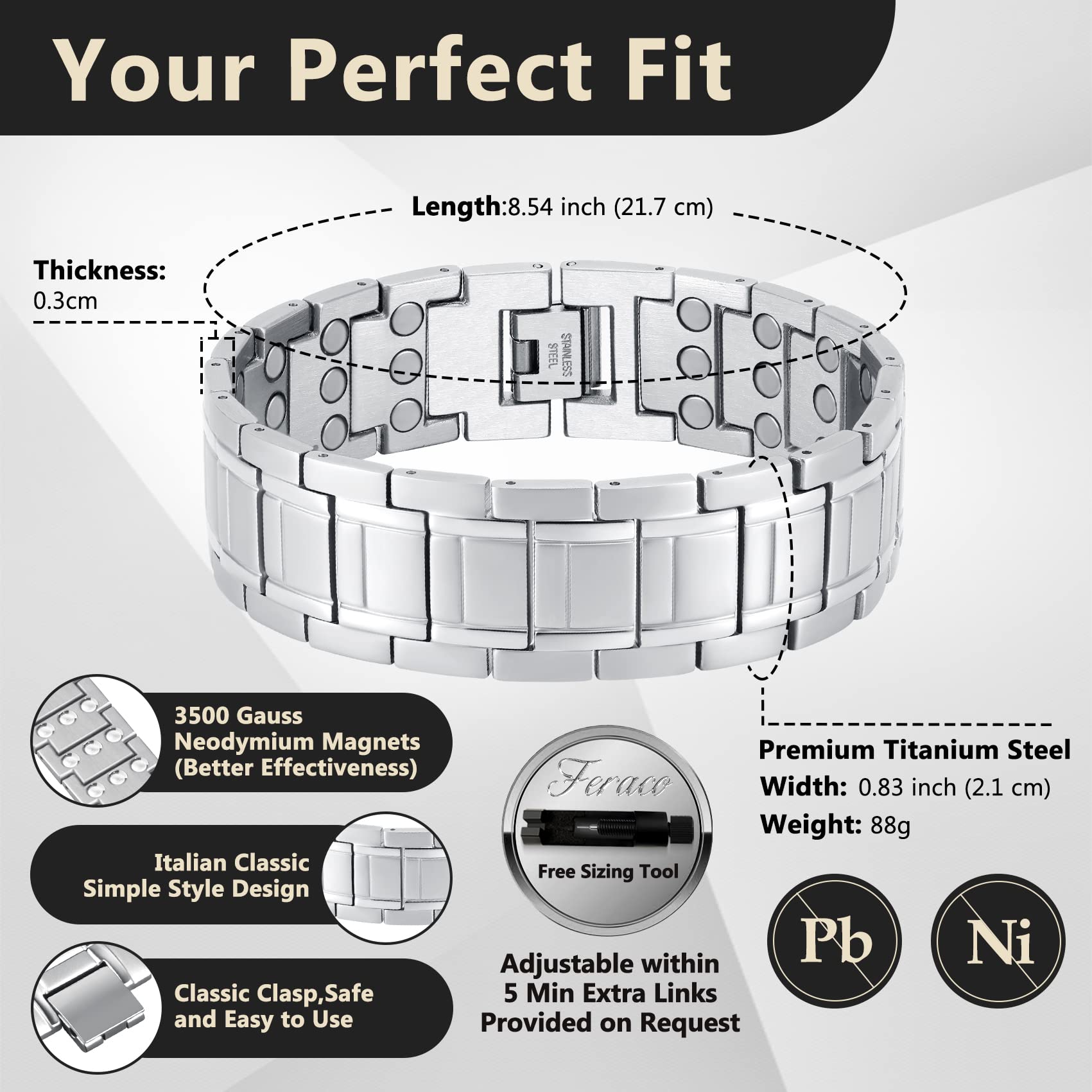Feraco 3X magnetic bracelet on wrist, comfortable long-day wear.