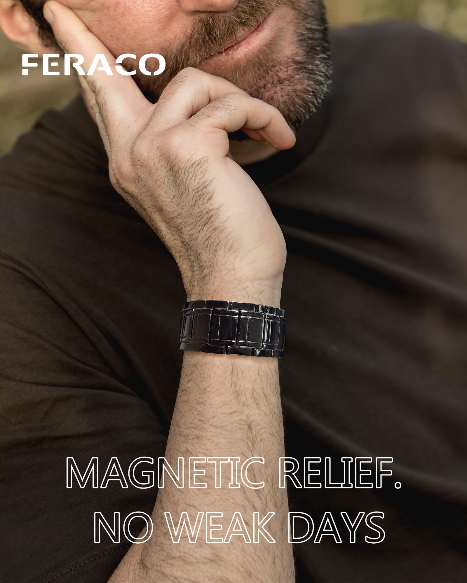Feraco 3X Strength copper magnetic bracelet worn on a wrist, highlighting sturdy design