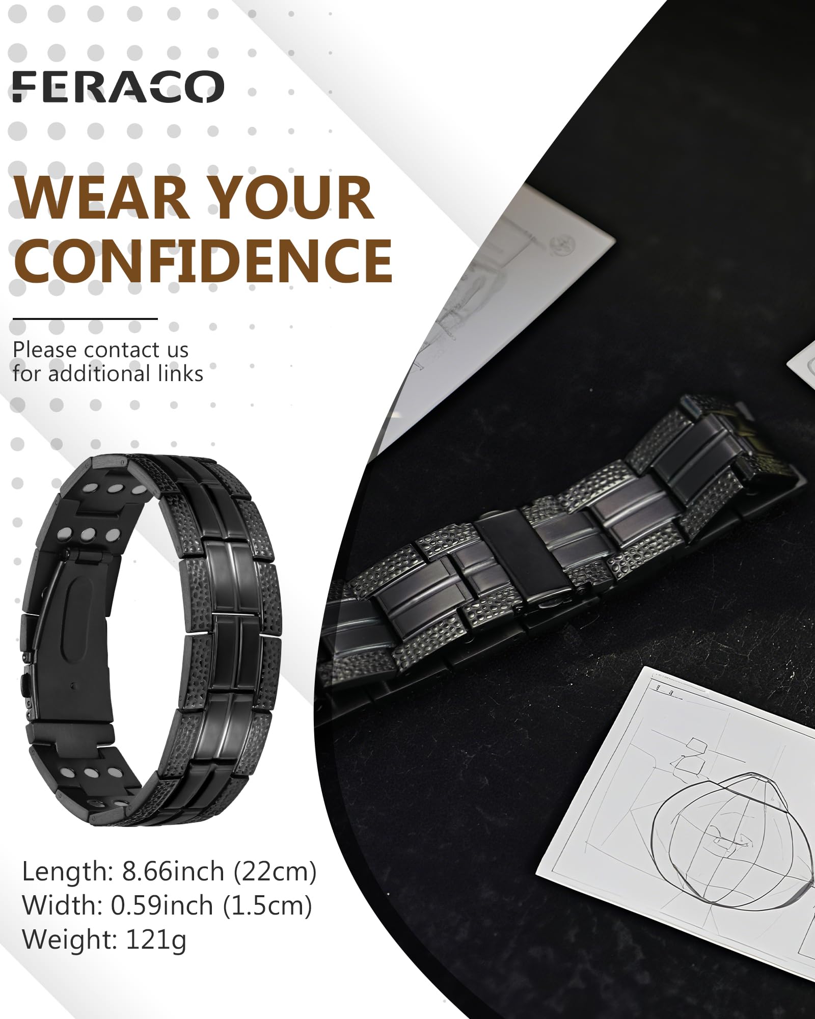 Feraco 3X Strength bracelet in silver titanium steel finish on wrist.