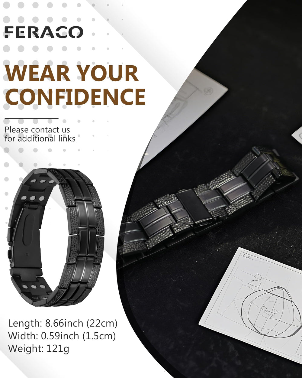 Feraco 3X Strength bracelet in silver titanium steel finish on wrist.