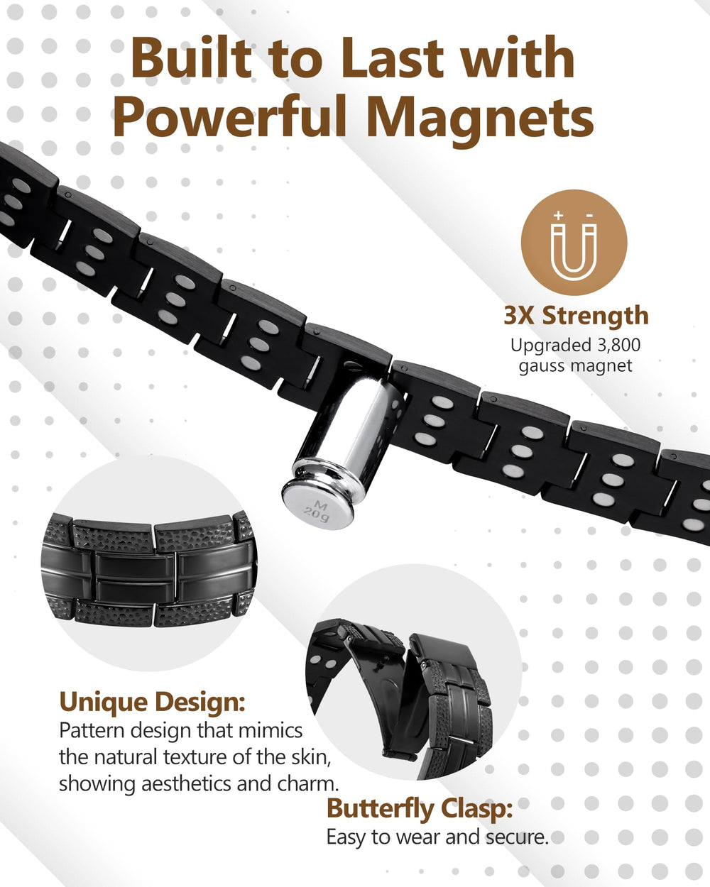 Feraco 3X Strength bracelet close-up magnets, 3800 Gauss neodymium magnets for balanced energy flow.