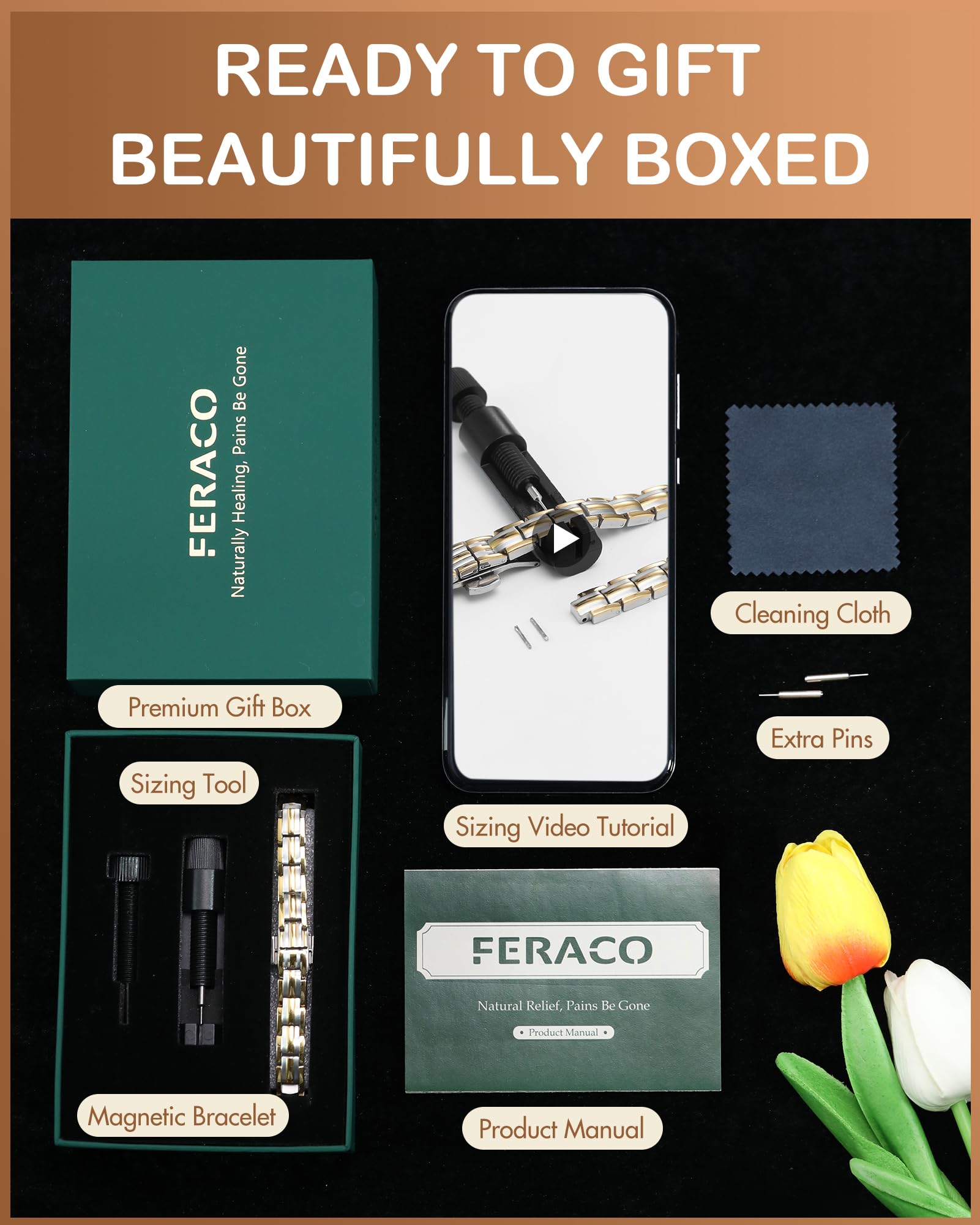 Feraco 5X Strength Magnetic Bracelet premium gift box highlights thoughtful present.