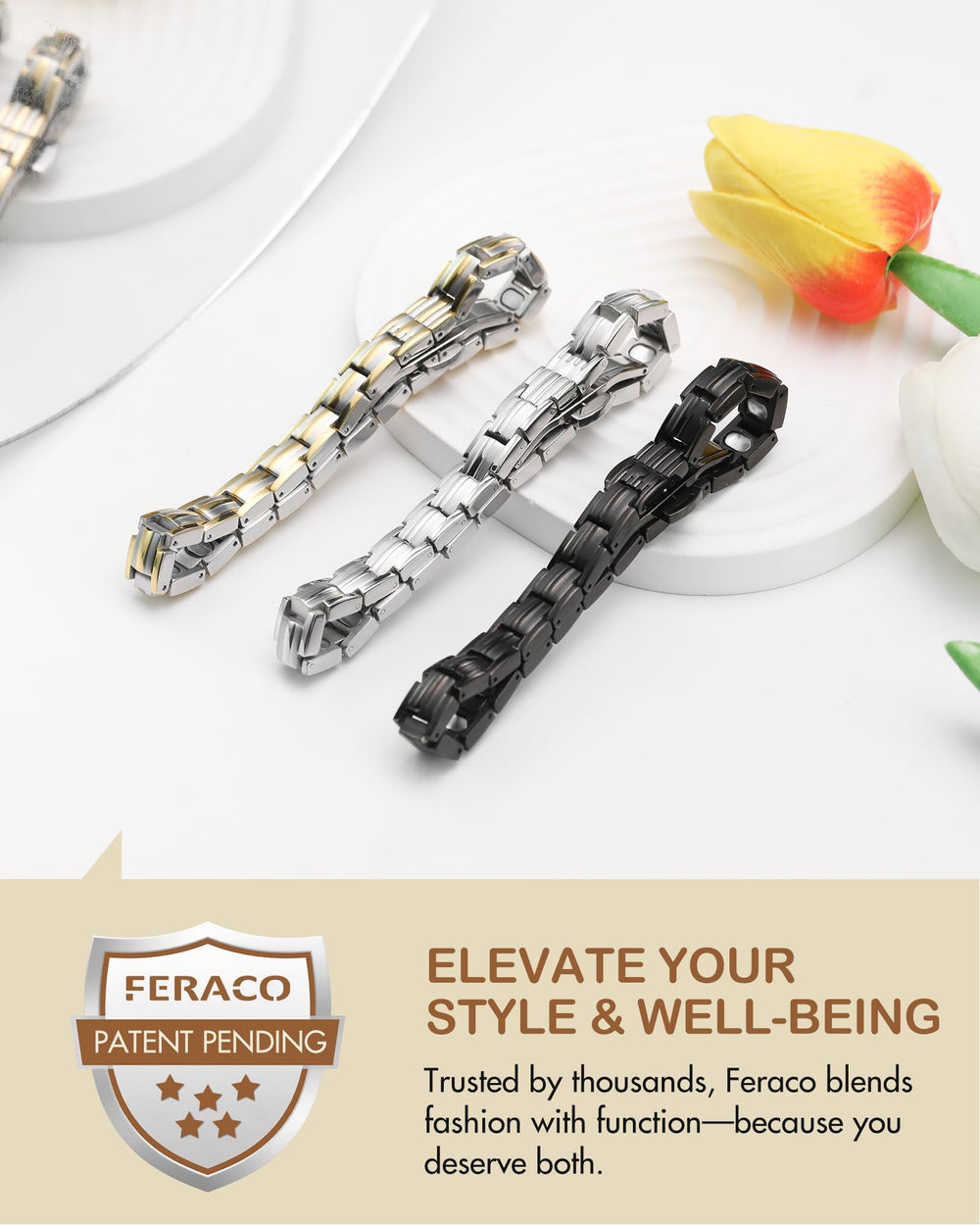Feraco 5X Strength Magnetic Bracelet titanium stainless build ensures comfort and durability.