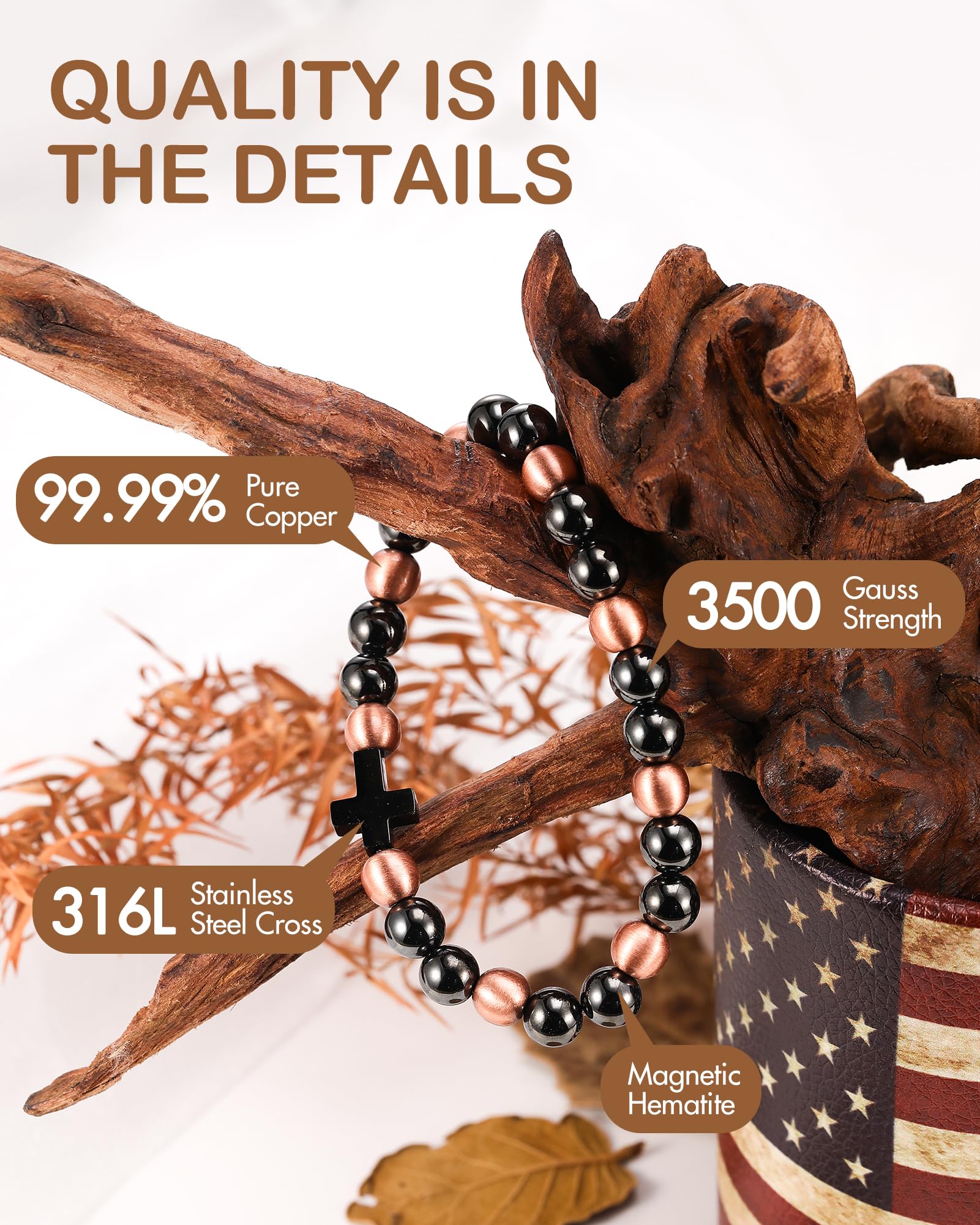 Feraco 8mm copper beads detail showing bold texture for unisex style