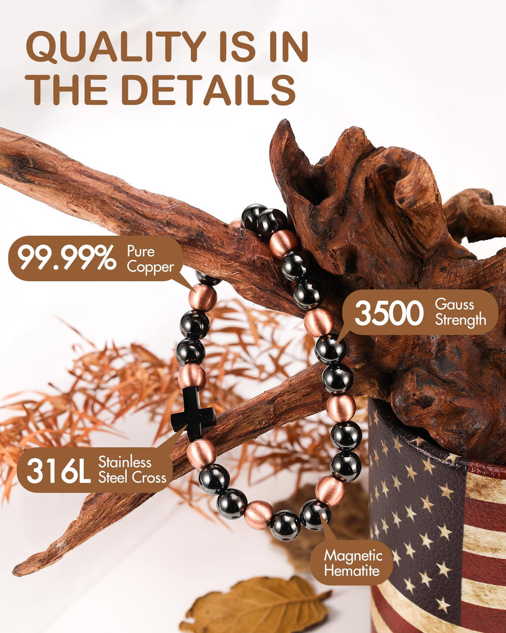 Feraco 8mm copper beads detail showing bold texture for unisex style