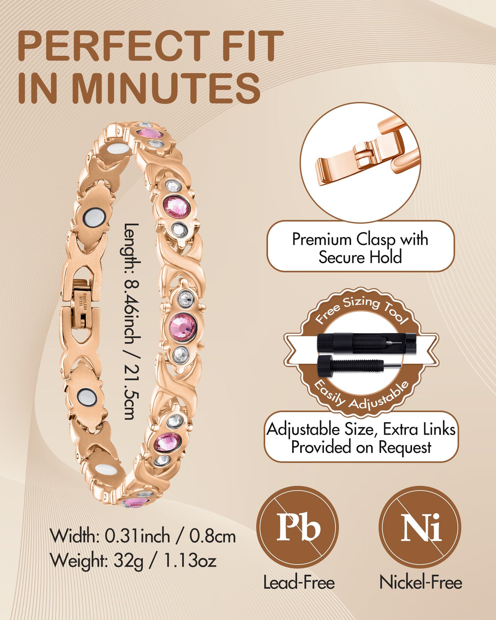 Feraco Adjustable bracelet with sizing tool for a custom fit