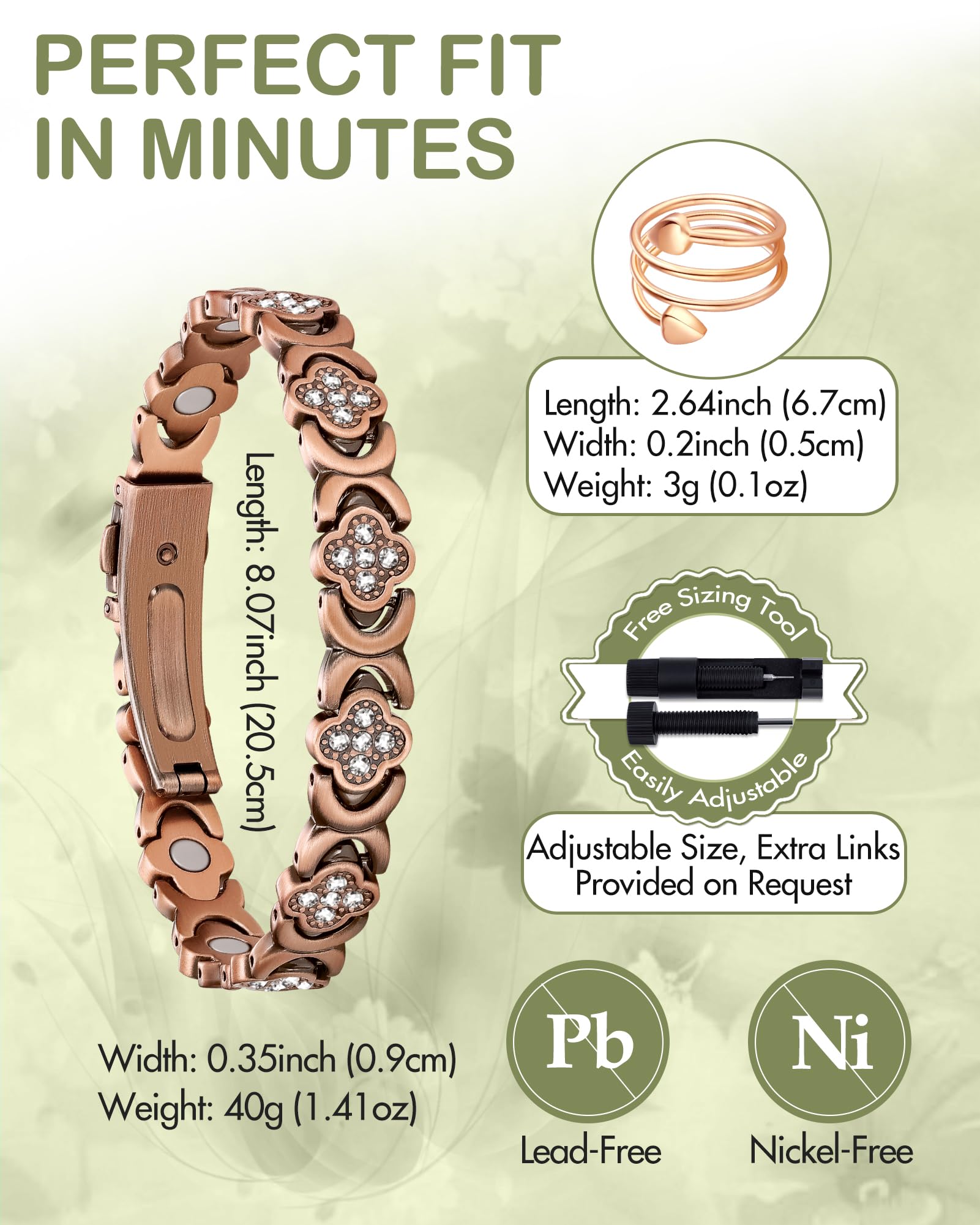 Feraco Adjustable Bracelet featuring sizing tool for a precise, comfortable fit.
