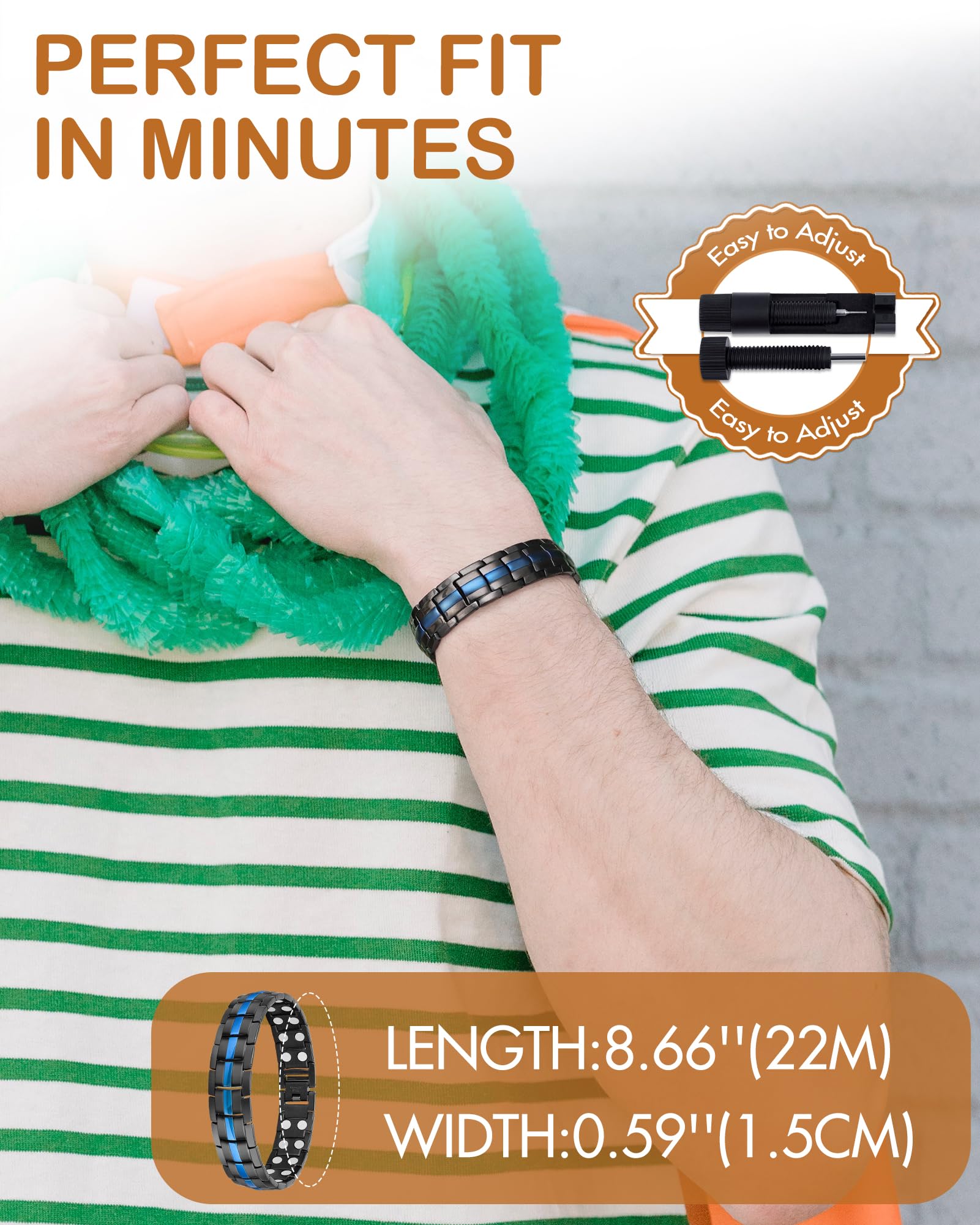 Feraco adjustable magnetic bracelet includes a size tool for a precise fit