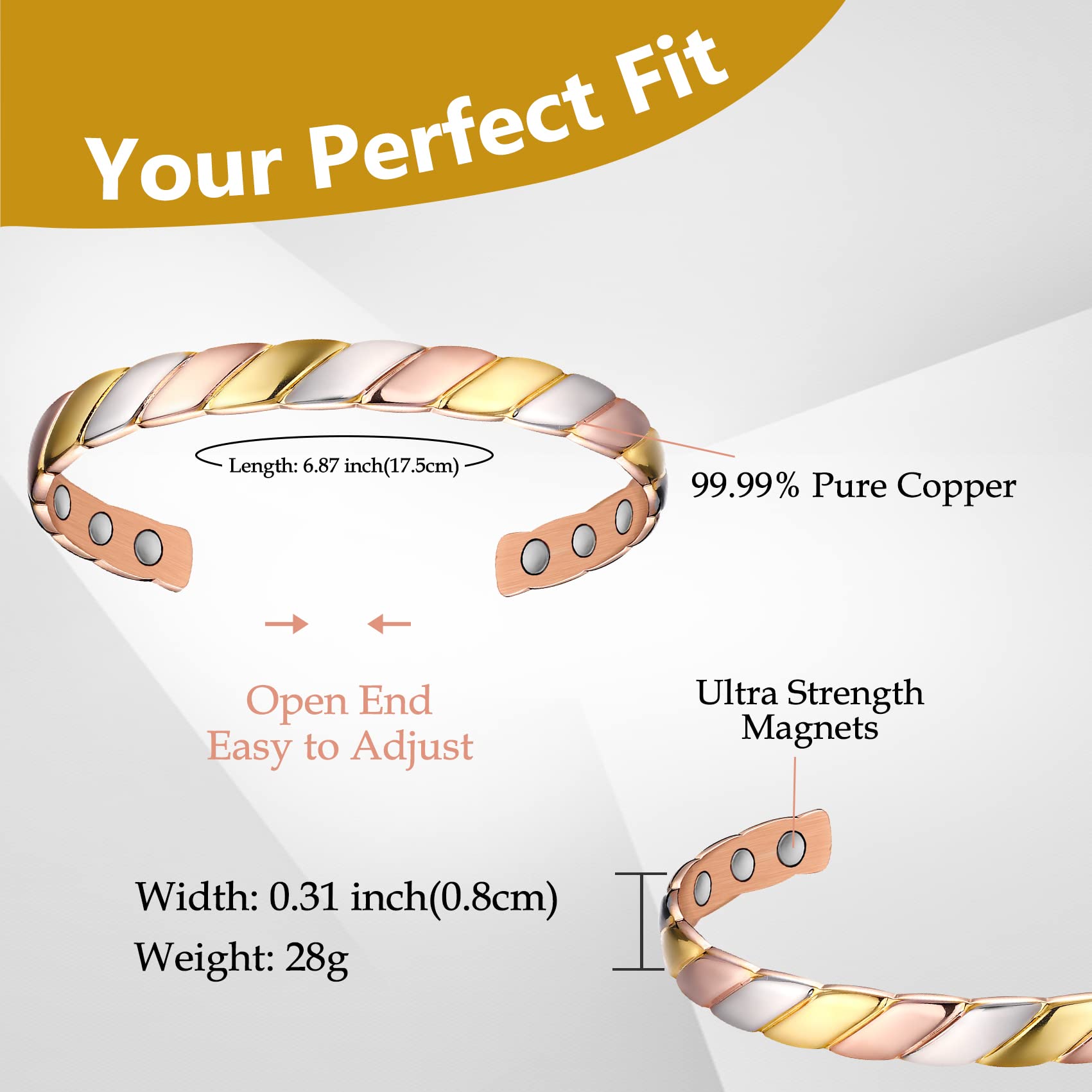 Feraco adjustable open-end fit for comfortable wrist sizing.