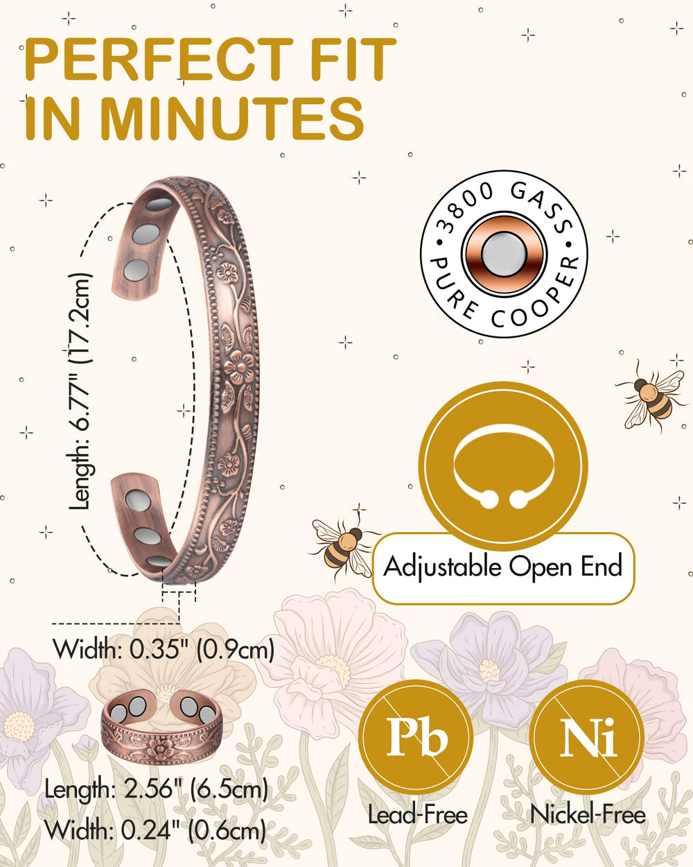 Feraco adjustable open-fit bracelet fits most wrists with a simple squeeze.