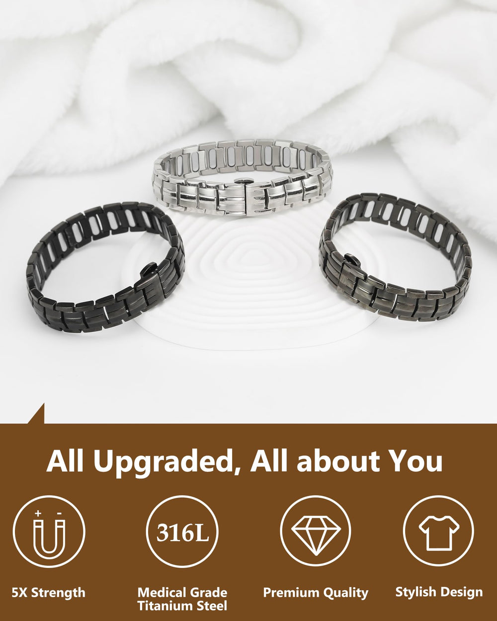 Feraco bracelet waterproof and scratch-resistant titanium finish stands up to daily wear.