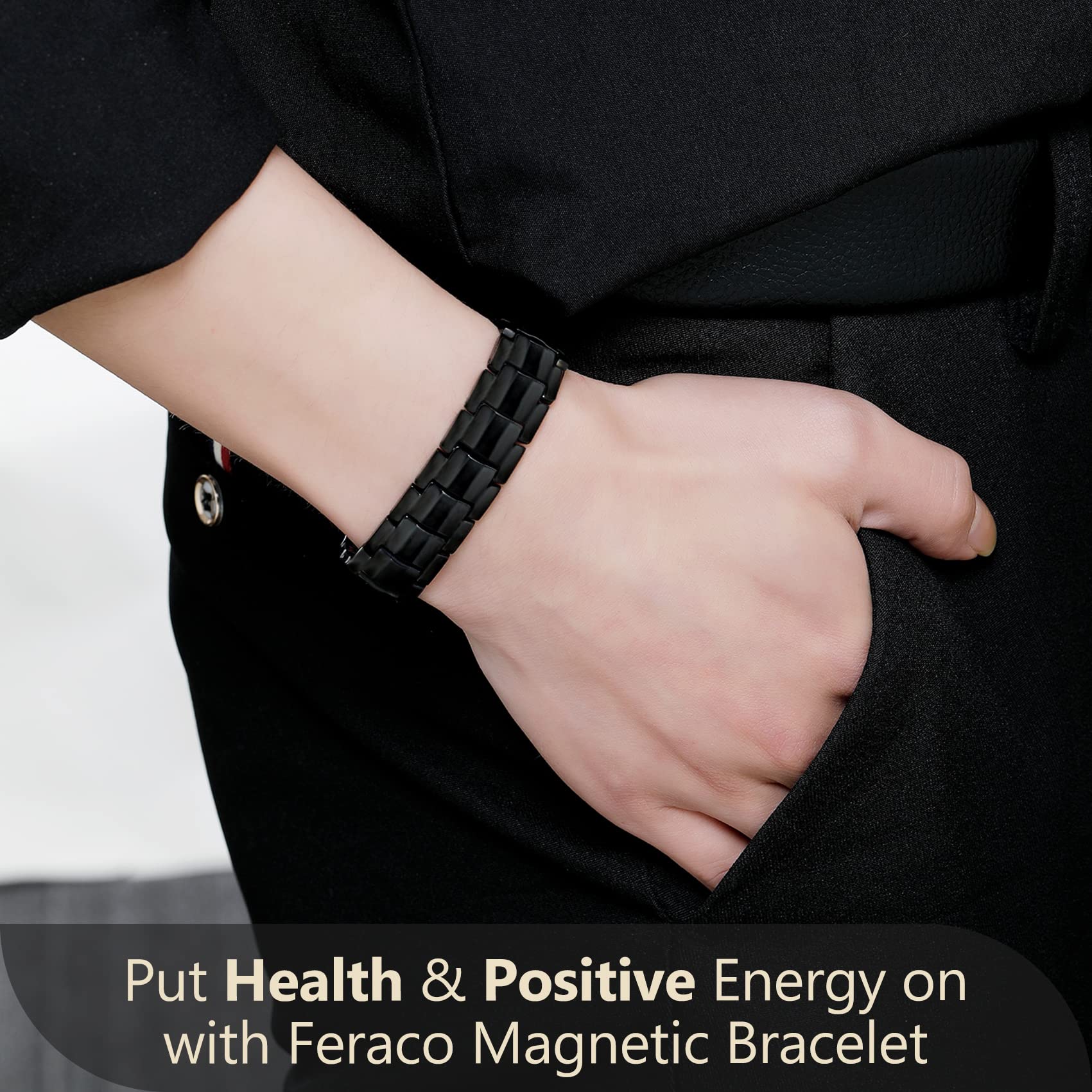 Feraco classic black plated bracelet worn for formal or casual looks.