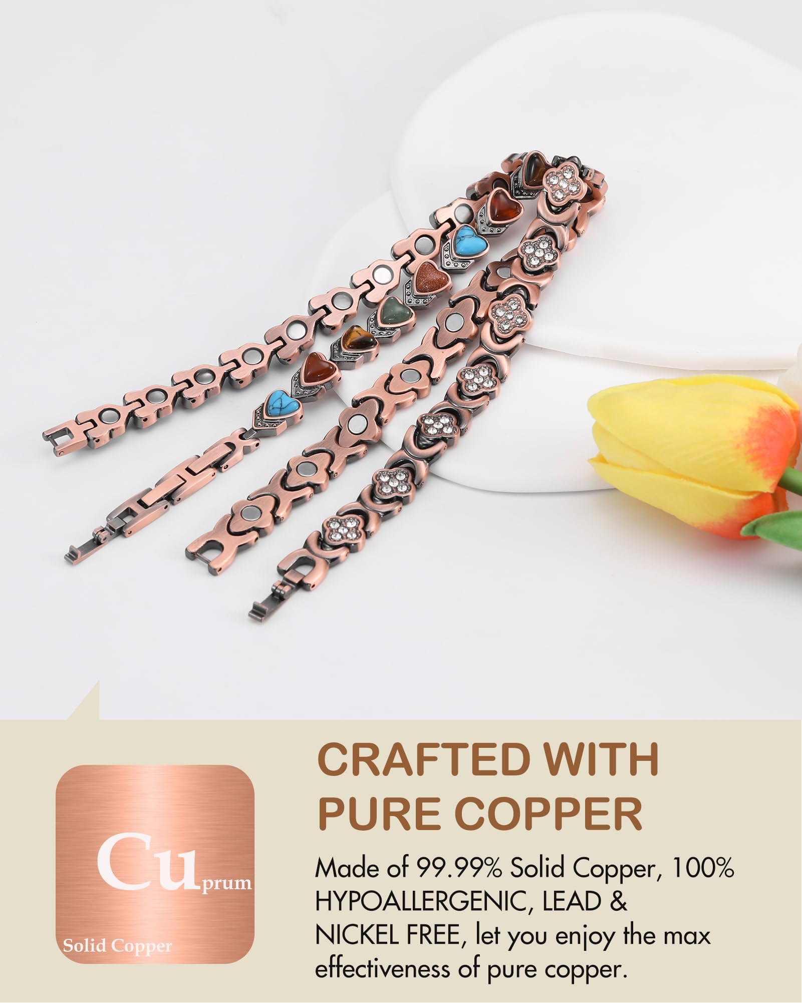 Feraco copper anklet worn on leg demonstrates elegant, versatile wear.