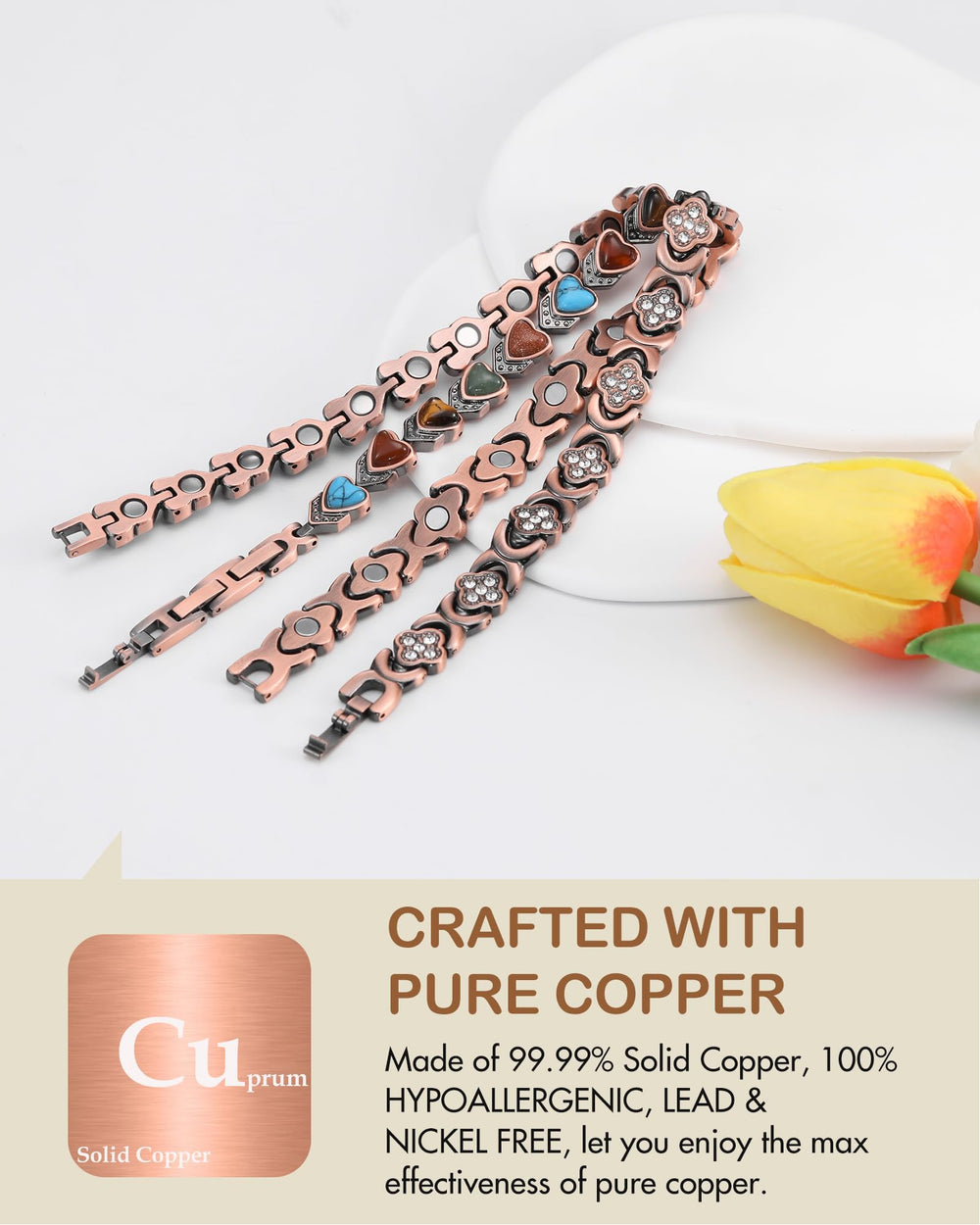 Feraco copper anklet worn on leg demonstrates elegant, versatile wear.